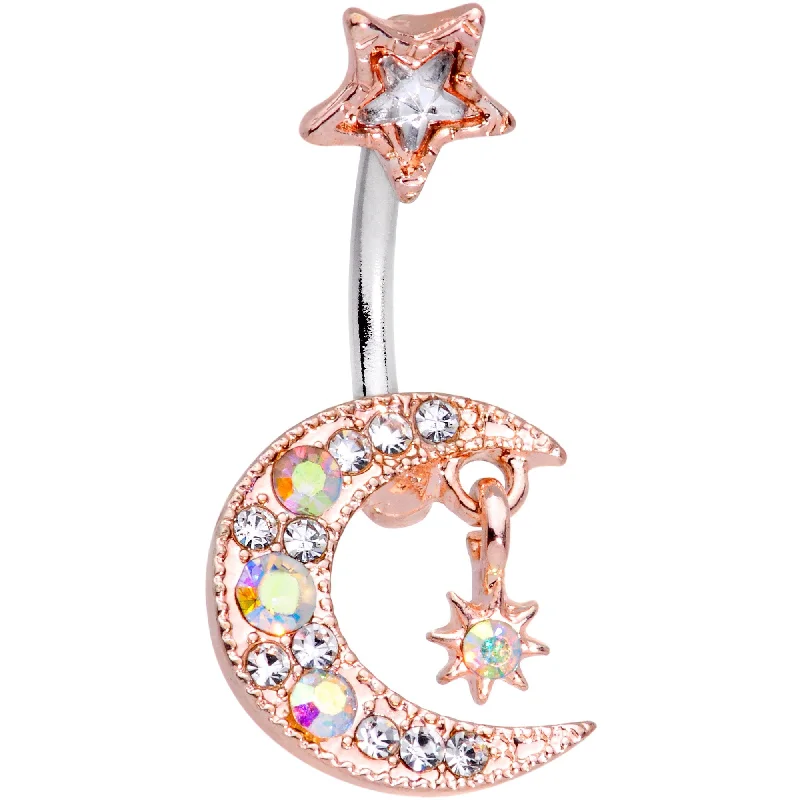 Unique Belly Rings with Beautiful Accents -Clear Aurora Gem Rose Gold Tone Moon and Star Duo Dangle Belly Ring Unique Belly Rings with Beautiful Accents -Clear Aurora Gem Rose Gold Tone Moon and Star Duo Dangle Belly Ring
