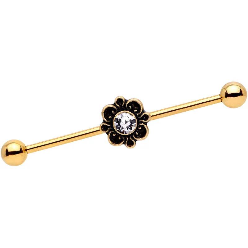 Women's Earrings – Elegant Designs for Every Personality--14 Gauge Clear Gem Gold Tone Flower Industrial Barbell 38mm