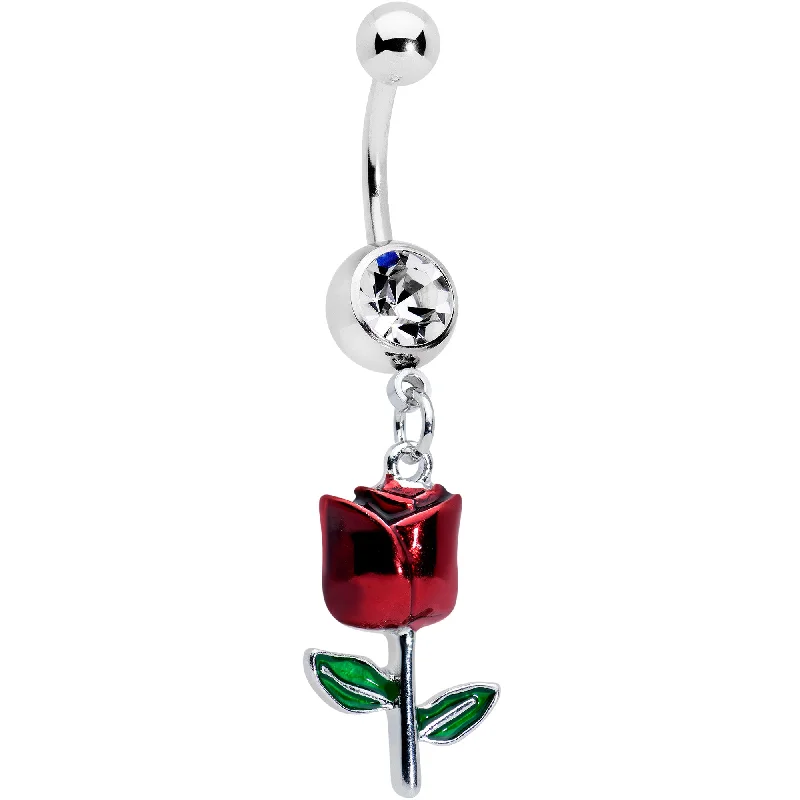 Designer Belly Rings for Bold Looks -Clear Gem Red Rose Flower Valentines Dangle Belly Ring Designer Belly Rings for Bold Looks -Clear Gem Red Rose Flower Valentines Dangle Belly Ring