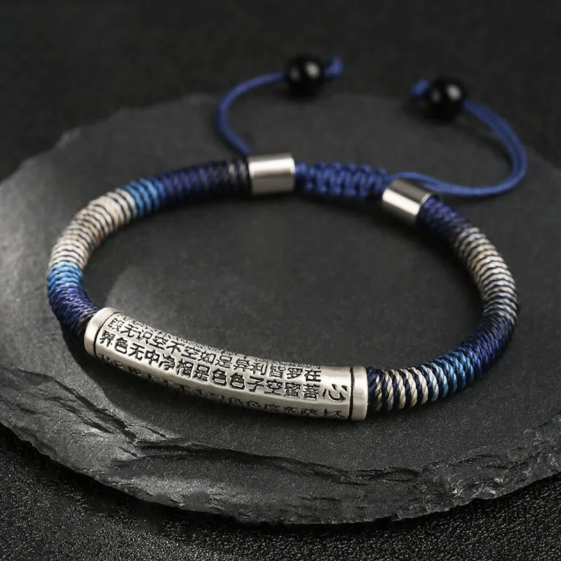 Handcrafted Gemstone Bangles for Women-Buddha Stones 999 Sterling Silver Heart Sutra Calm Handmade Braided Bracelet