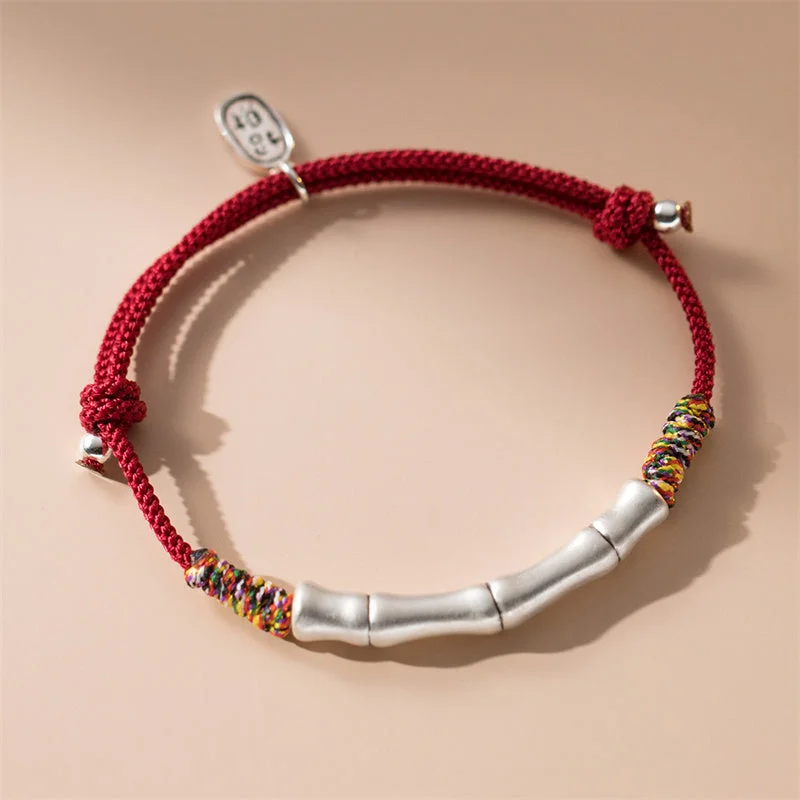 Fashionable Stacked Bangles for Women-Buddha Stones 999 Sterling Silver Luck Bamboo Attract Fortune Colorful Red Rope Bracelet Fashionable Stacked Bangles for Women-Buddha Stones 999 Sterling Silver Luck Bamboo Attract Fortune Colorful Red Rope Bracelet