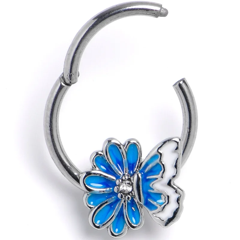 Nose Rings for Unique Look -16 Gauge 3/8 Clear Gem Butterfly Blossom Blue White Hinged Segment Ring Nose Rings for Unique Look -16 Gauge 3/8 Clear Gem Butterfly Blossom Blue White Hinged Segment Ring