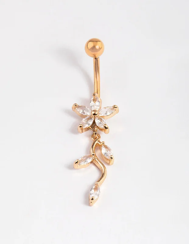 Trendy Belly Rings for Chic Fashion -Gold Plated Surgical Steel Cubic Zirconia Flower Drop Belly Ring Trendy Belly Rings for Chic Fashion -Gold Plated Surgical Steel Cubic Zirconia Flower Drop Belly Ring