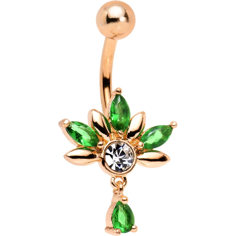 Trendy Belly Rings for Chic Look -Clear Green Gem Rose Gold Anodized Aztec Crown Dangle Belly Ring Trendy Belly Rings for Chic Look -Clear Green Gem Rose Gold Anodized Aztec Crown Dangle Belly Ring