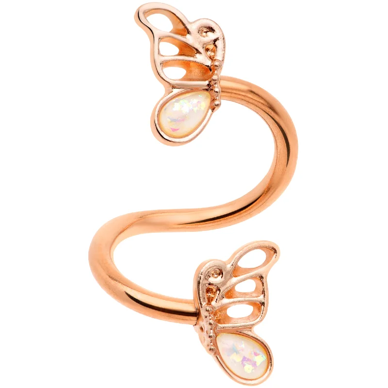 Stylish Belly Rings for Exclusive Fashion -White Faux Opal Rose Gold Tone Butterfly Spiral Twister Belly Ring Stylish Belly Rings for Exclusive Fashion -White Faux Opal Rose Gold Tone Butterfly Spiral Twister Belly Ring