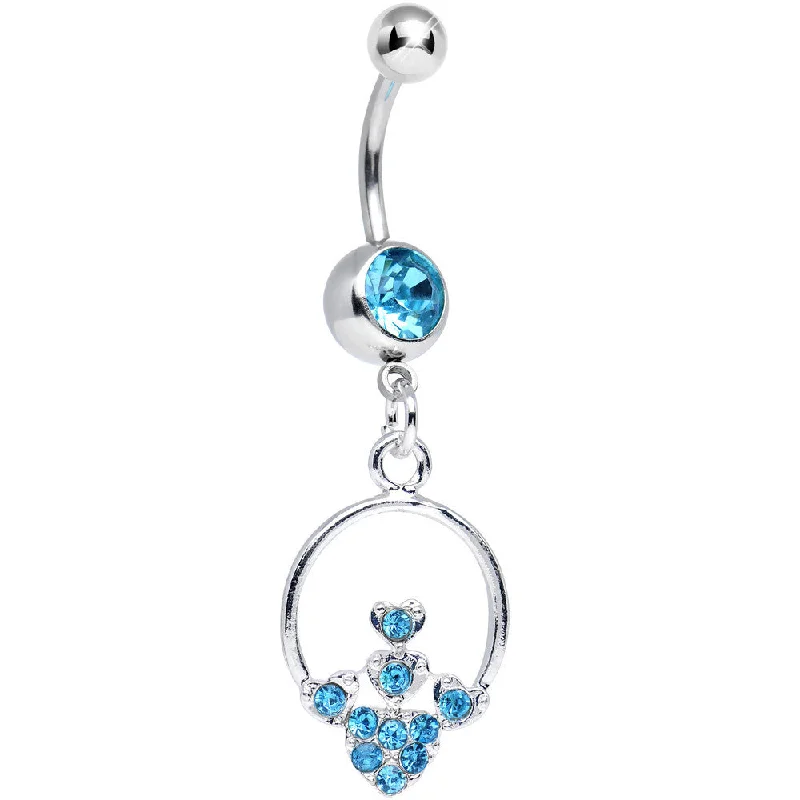 Designer Belly Rings with Creative Features -Aqua Gem Hoop Encircled Hearts Dangle Belly Ring Designer Belly Rings with Creative Features -Aqua Gem Hoop Encircled Hearts Dangle Belly Ring
