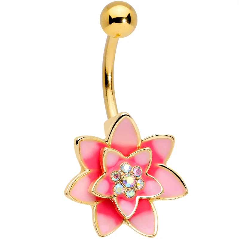 Comfortable Belly Rings for Glamorous Style -Aurora Gem Gold Tone Pink Red Rose Flower Belly Ring Comfortable Belly Rings for Glamorous Style -Aurora Gem Gold Tone Pink Red Rose Flower Belly Ring