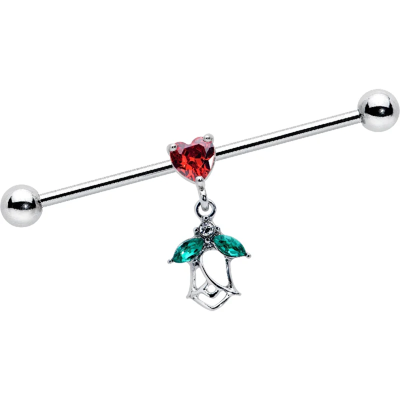 Women's Earrings – Elegant Designs for Every Personality--14 Gauge Red CZ Gem Heart And Rose Dangle Industrial Barbell 38mm