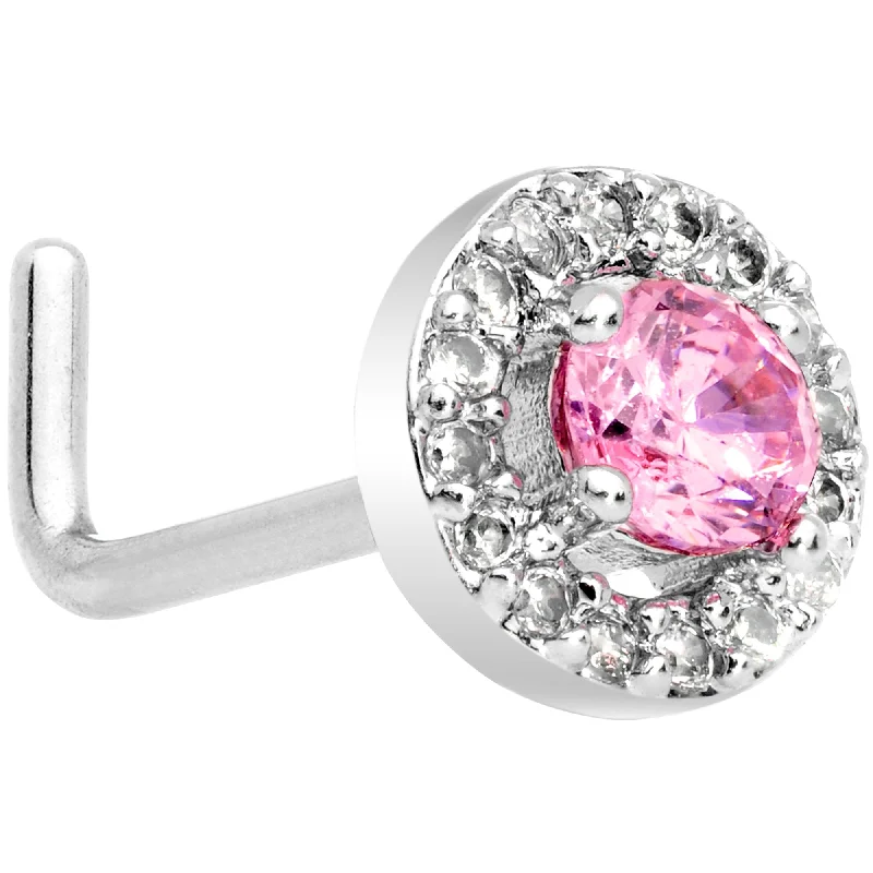 Nose Rings for Statement Jewelry -20 Gauge 1/4 Clear Pink CZ Gem Round Double Tier L Shaped Nose Ring Nose Rings for Statement Jewelry -20 Gauge 1/4 Clear Pink CZ Gem Round Double Tier L Shaped Nose Ring