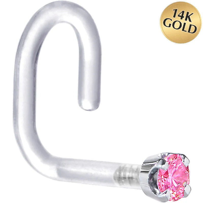 Simple Gold Nose Rings -18 Gauge 1/4 White Gold 1.5mm Pink Cubic Zirconia Bioplast Nose Ring Simple Gold Nose Rings -18 Gauge 1/4 White Gold 1.5mm Pink Cubic Zirconia Bioplast Nose Ring