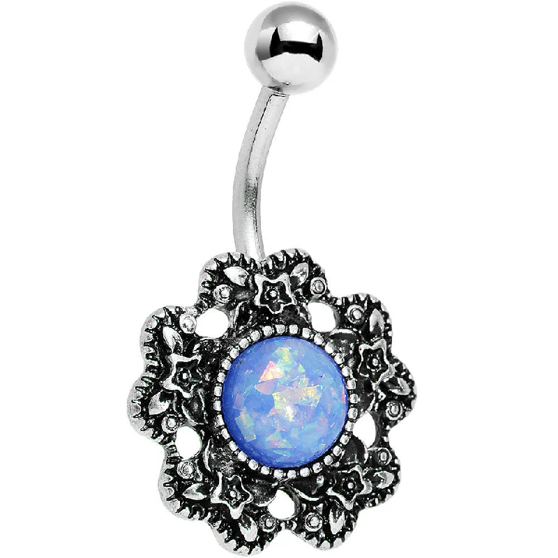 Unique Belly Rings with Shiny Detailing -Blue Faux Opal Forget Me Never Flower Belly Ring Unique Belly Rings with Shiny Detailing -Blue Faux Opal Forget Me Never Flower Belly Ring