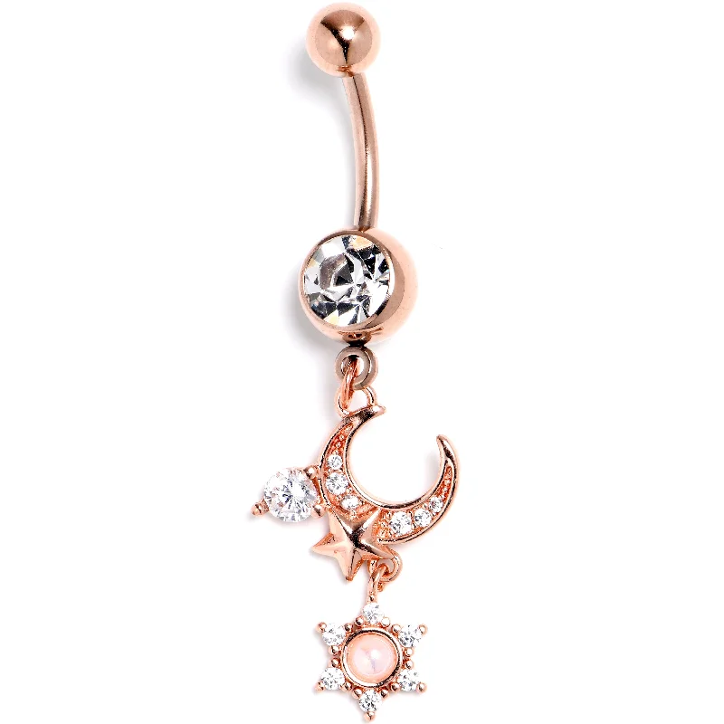 Elegant Belly Rings for Fashion-Forward Looks -Clear CZ Gem Rose Gold Tone Moon Star Dangle Belly Ring Elegant Belly Rings for Fashion-Forward Looks -Clear CZ Gem Rose Gold Tone Moon Star Dangle Belly Ring