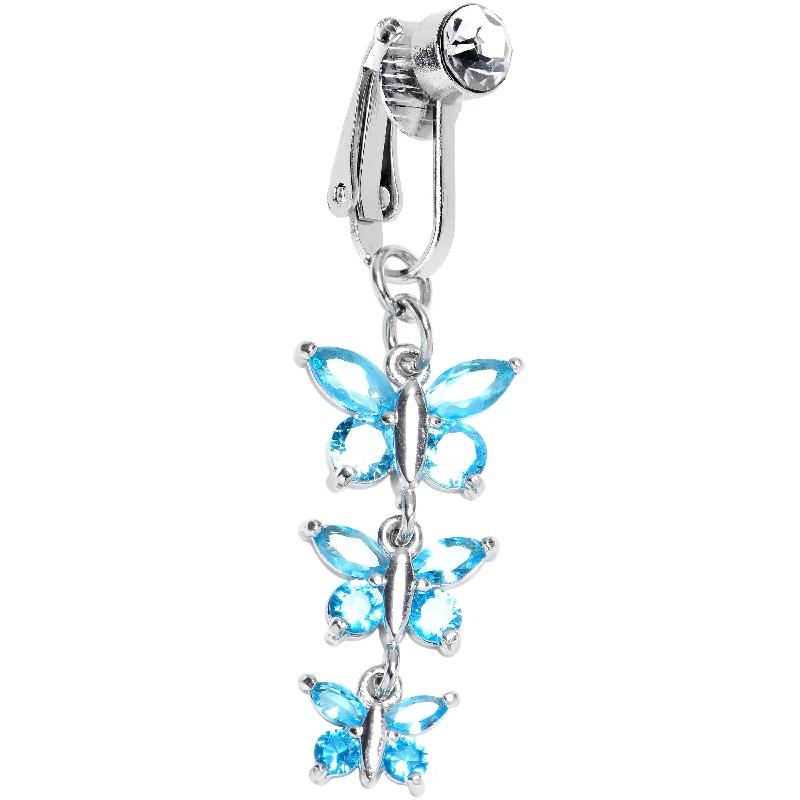Belly Rings with Glittering Stones for Extra Shine -Blue CZ Gem Butterfly Strand Dangle Clip on Fake Belly Ring Belly Rings with Glittering Stones for Extra Shine -Blue CZ Gem Butterfly Strand Dangle Clip on Fake Belly Ring