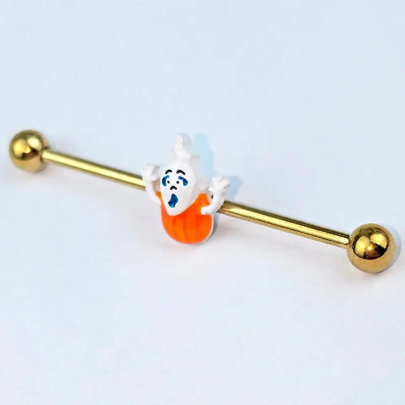 Women's Earrings – Elegant Designs for Every Personality--14 Gauge Gold Tone Pumpkin Haunter Ghost Industrial Barbell 38mm