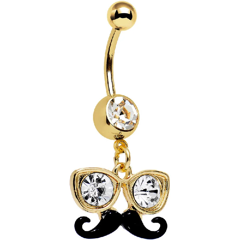 Designer Belly Rings with Artistic Appeal -Clear Gem Gold PVD Disguise Mr. Mustache Dangle Belly Ring Designer Belly Rings with Artistic Appeal -Clear Gem Gold PVD Disguise Mr. Mustache Dangle Belly Ring