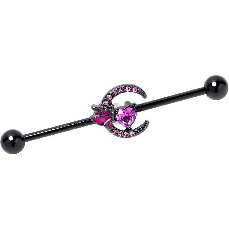 Women's Earrings – Elegant Designs for Every Personality--14 Gauge Pink Gem Black Moon Heart Butterfly Industrial Barbell 38mm