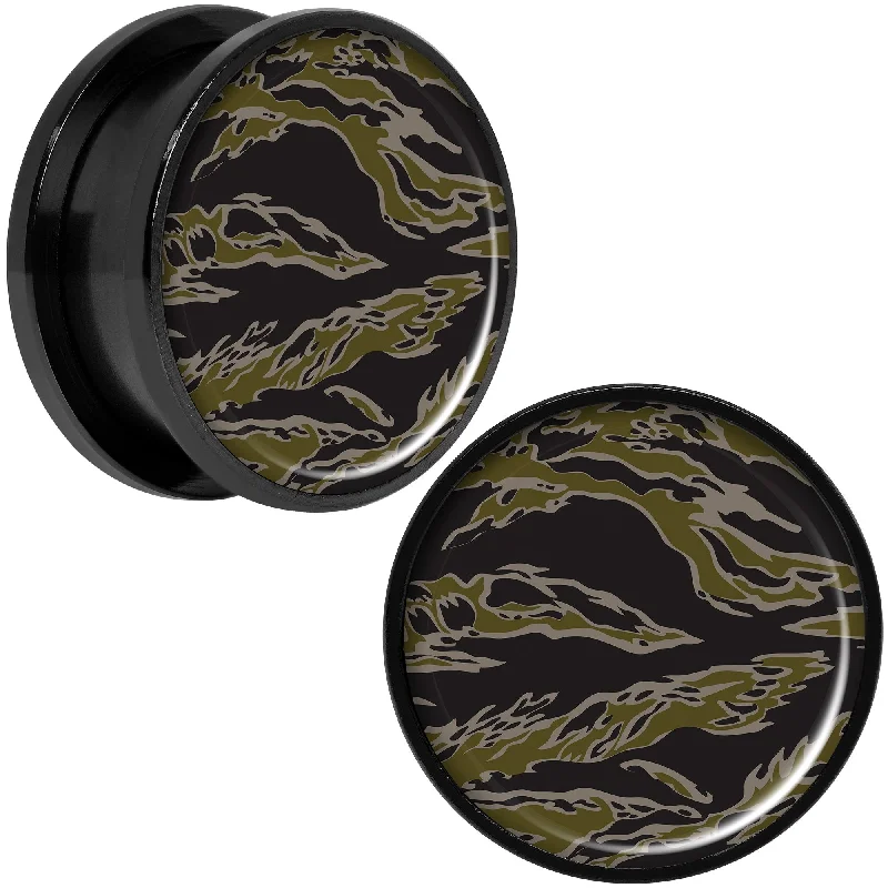 Women's Earrings – Elegant Designs for Every Personality--Tiger Camo Print Black Anodized Screw Fit Plug Set 20mm Women's Earrings – Elegant Designs for Every Personality--Tiger Camo Print Black Anodized Screw Fit Plug Set 20mm
