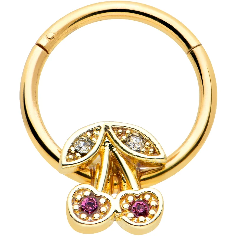 Simple Nose Rings with Subtle Glam -16 Gauge 3/8 Clear Purple Gem Gold Tone Cherries Hinged Segment Ring Simple Nose Rings with Subtle Glam -16 Gauge 3/8 Clear Purple Gem Gold Tone Cherries Hinged Segment Ring