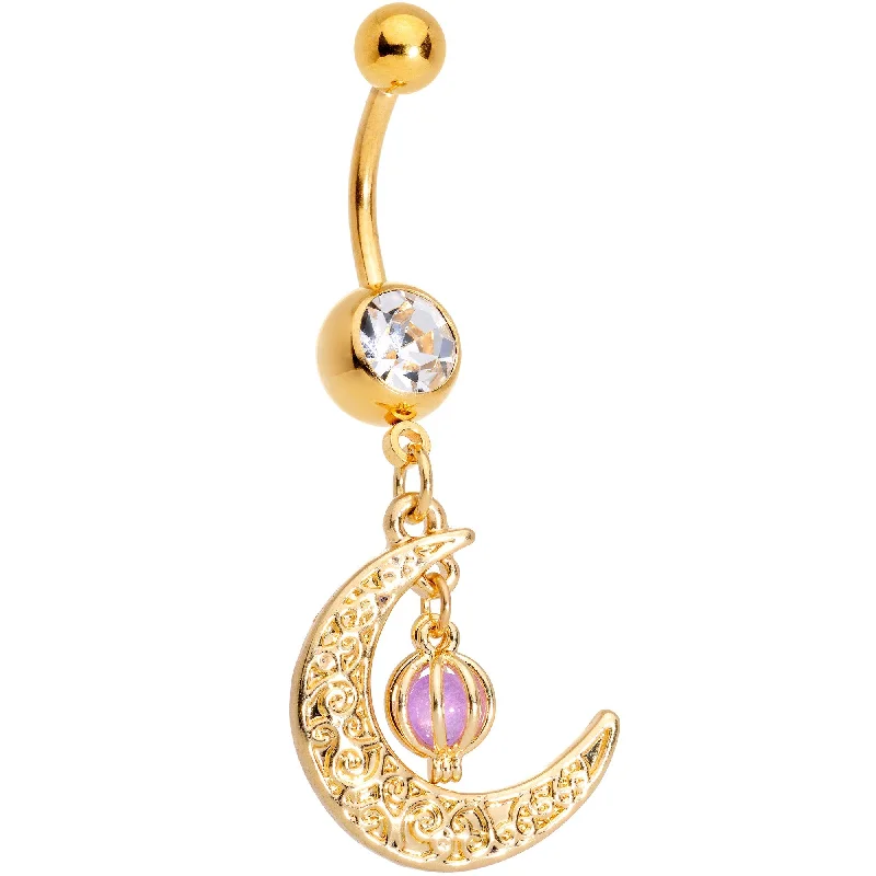 Beautiful Belly Rings with Shiny Stones -Clear Gem Gold Tone Ornate Moon Orb Dangle Belly Ring Beautiful Belly Rings with Shiny Stones -Clear Gem Gold Tone Ornate Moon Orb Dangle Belly Ring