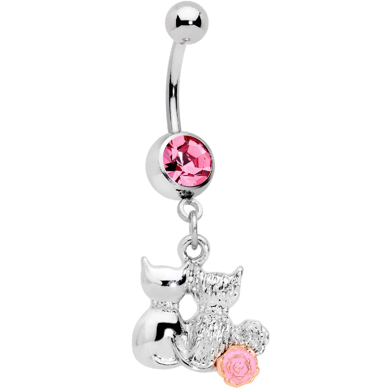 Trendy Belly Rings for Fashion-Forward Women -Pink Gem Color Yarn Cuddling Kittens Dangle Belly Ring