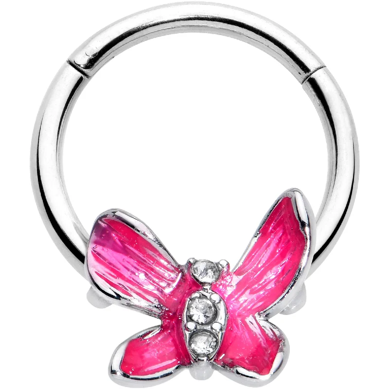 Nose Rings with Cute Designs -16 Gauge 3/8 Clear Gem Chunky Butterfly Pink Hinged Segment Ring Nose Rings with Cute Designs -16 Gauge 3/8 Clear Gem Chunky Butterfly Pink Hinged Segment Ring