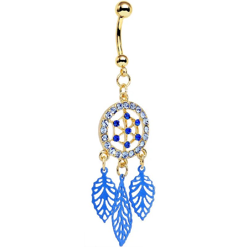Trendy Belly Rings for Special Fashion -Blue Gem Gold Anodized Steel Dream Leaf Dangle Belly Ring Trendy Belly Rings for Special Fashion -Blue Gem Gold Anodized Steel Dream Leaf Dangle Belly Ring