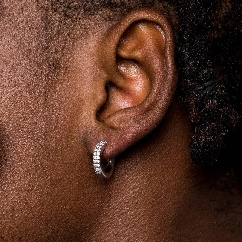 Shop Durable Men's Earrings for Everyday Wear-Micro Double Row Huggie Earrings in White Gold Shop Durable Men's Earrings for Everyday Wear-Micro Double Row Huggie Earrings in White Gold
