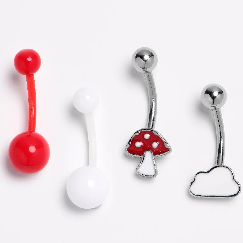 Belly Rings with Stone Detailing for Bold Looks -Red White Mushroom Cloud Belly Ring Set of 4 Belly Rings with Stone Detailing for Bold Looks -Red White Mushroom Cloud Belly Ring Set of 4