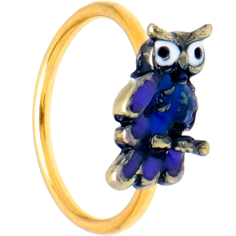 Custom Nose Rings with Unique Features -20 Gauge 5/16 Gold Tone Regal Owl Blue Nose Hoop