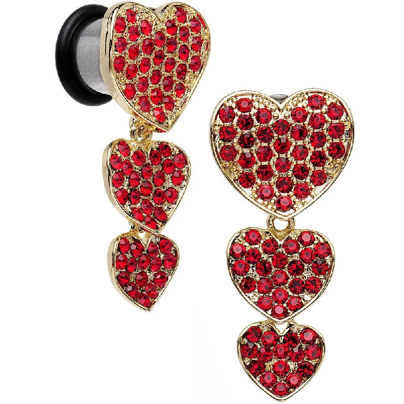 Women's Earrings – Elegant Designs for Every Personality--Red Gem Steel Triple Heart Single Flare Dangle Plug Set Sizes 5mm to 00 Gauge