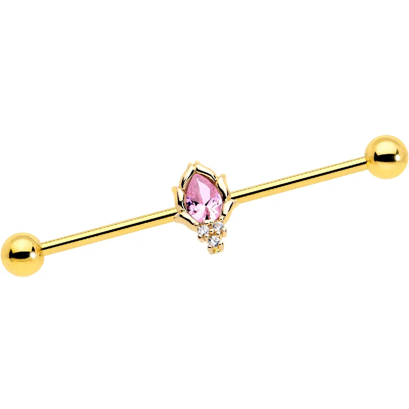 Women's Earrings – Elegant Designs for Every Personality--14 Gauge Pink CZ Gem Gold Tone Style Fire Industrial Barbell 38mm