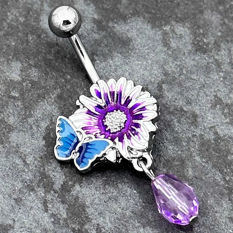 Designer Belly Rings with Timeless Appeal -Purple Gem Passion Flower Butterfly Dangle Belly Ring Designer Belly Rings with Timeless Appeal -Purple Gem Passion Flower Butterfly Dangle Belly Ring
