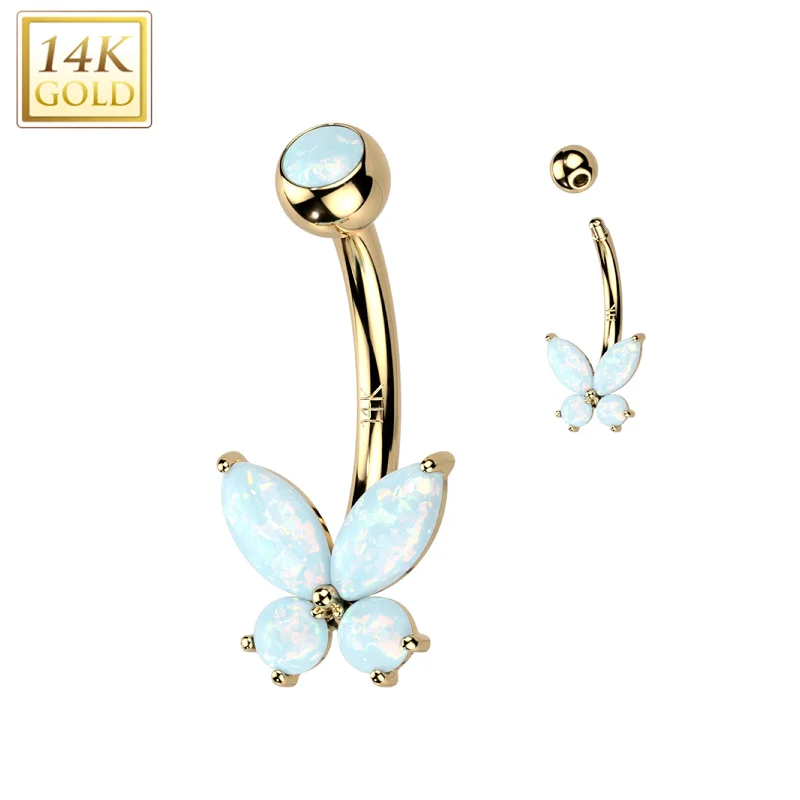 Trendy Belly Rings for Chic Look -14kt Solid Yellow Gold Synthetic Opal Butterfly Belly Ring Trendy Belly Rings for Chic Look -14kt Solid Yellow Gold Synthetic Opal Butterfly Belly Ring