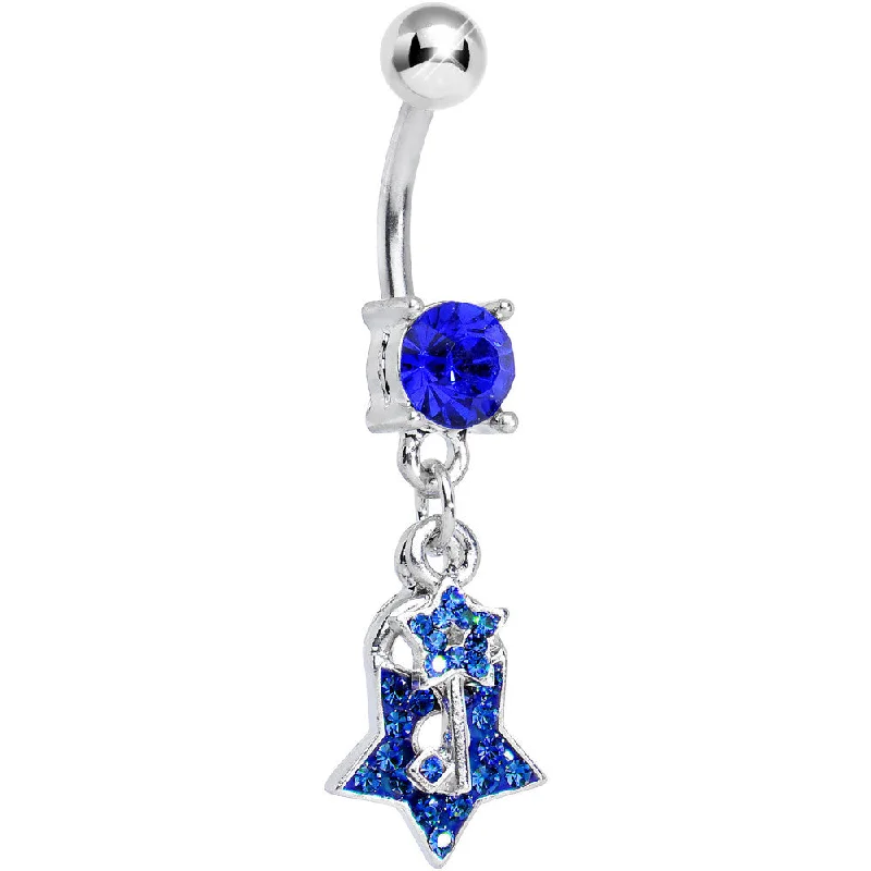 Comfortable Belly Rings for Sensitive Piercings -Blue Gem Double Dazzling Star Lock and Key Dangle Belly Ring Comfortable Belly Rings for Sensitive Piercings -Blue Gem Double Dazzling Star Lock and Key Dangle Belly Ring