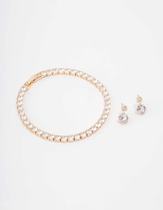 Women's Bangles with Sparkling Crystals-Gold Round Tennis Bracelet & Earring Set