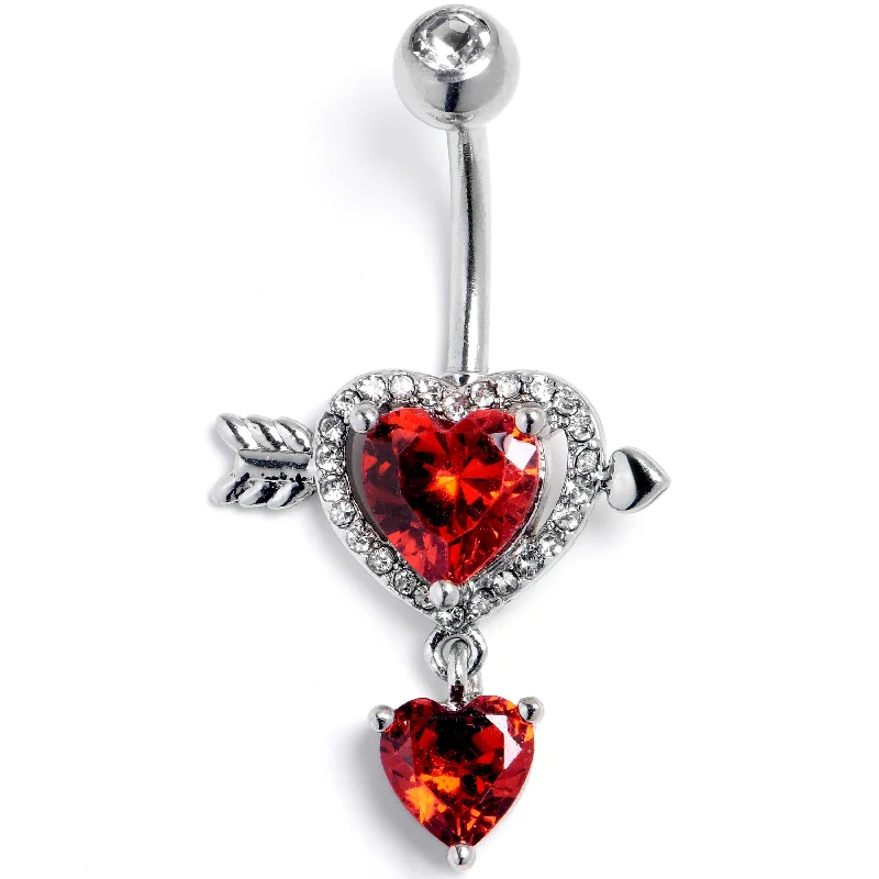Comfortable Belly Rings with Polished Finish -Red Clear CZ Gem Fusion of Love Arrow Heart Dangle Belly Ring Comfortable Belly Rings with Polished Finish -Red Clear CZ Gem Fusion of Love Arrow Heart Dangle Belly Ring