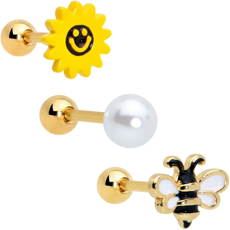 Women's Earrings – Elegant Designs for Every Personality--16 Gauge 1/4 Gold Tone Bee Smile Flower Cartilage Earring Curation Set of 3