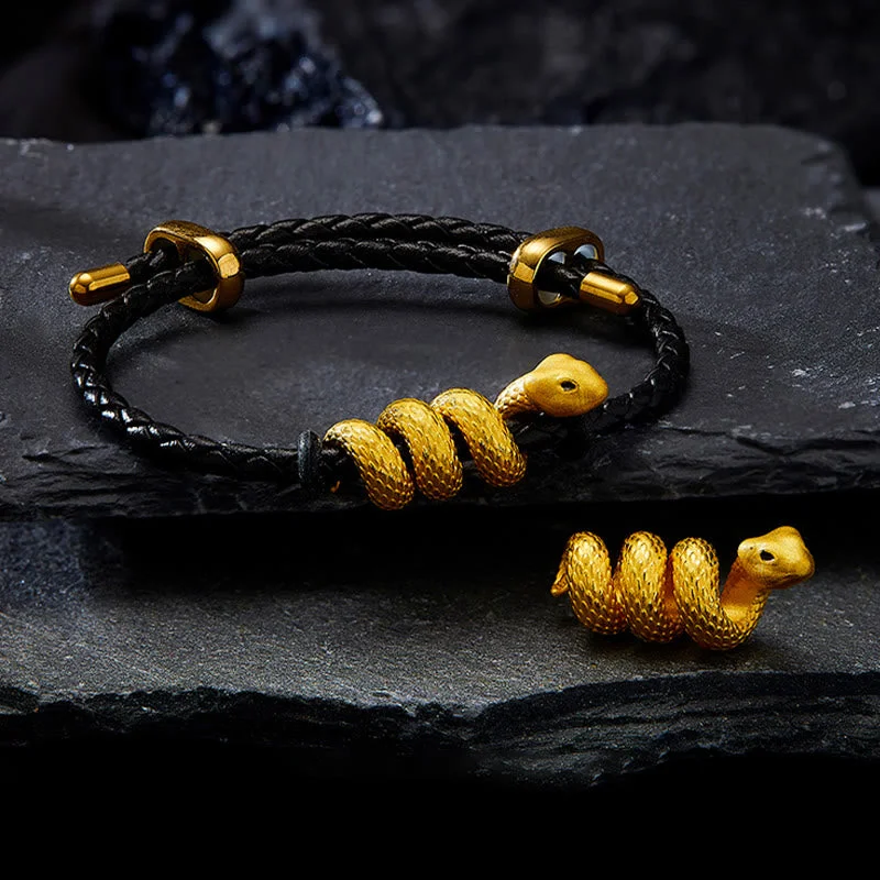 Men's Bracelets for Weddings-Buddha Stones 999 Gold Snake Double Buckle Leather Cord Black Rope Year Of The Snake Protection Bracelet Men's Bracelets for Weddings-Buddha Stones 999 Gold Snake Double Buckle Leather Cord Black Rope Year Of The Snake Protection Bracelet