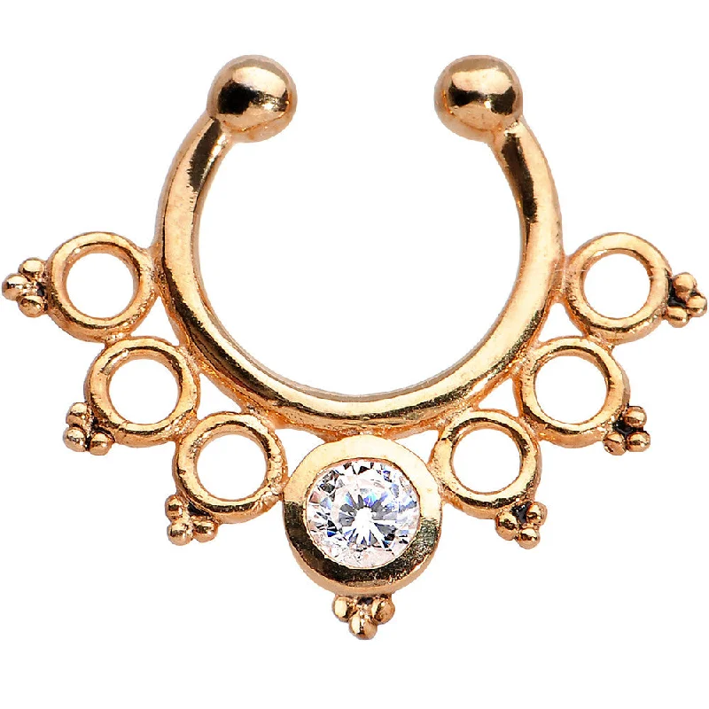 Nose Rings with Antique Touch -Look At Me Clear Gem Rose Gold Plated 925 Silver Clip On Fake Septum Ring Nose Rings with Antique Touch -Look At Me Clear Gem Rose Gold Plated 925 Silver Clip On Fake Septum Ring