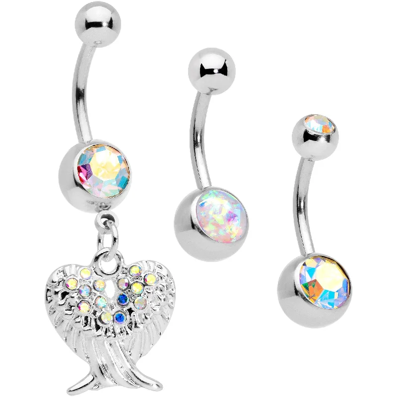 Sparkling Belly Rings for Extra Glamour -Aurora Gem White Faux Opal Angel Wings Belly Ring Set of 3 Sparkling Belly Rings for Extra Glamour -Aurora Gem White Faux Opal Angel Wings Belly Ring Set of 3