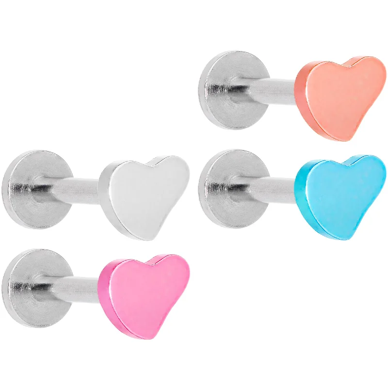 Silver Lip Rings for Subtle Shine16 Gauge 5/16 Multicolor Internally Threaded Heart Labret Set of 4