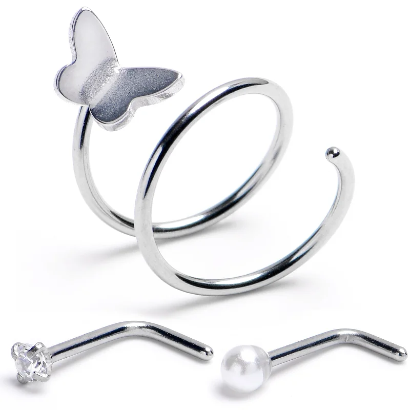 Nose Rings for Everyday Use -20 Gauge Clear Gem Spiral Butterfly L Shape Nose Ring Set of 3 Nose Rings for Everyday Use -20 Gauge Clear Gem Spiral Butterfly L Shape Nose Ring Set of 3