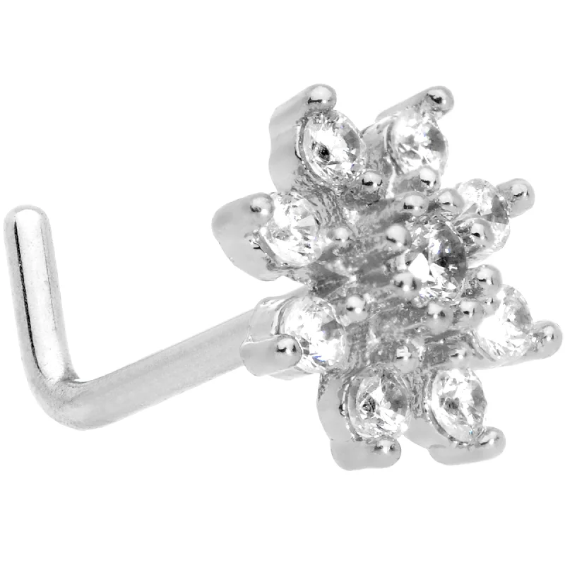Classic and Chic Nose Rings -20 Gauge 1/4 Clear CZ Gem Flower L Shaped Nose Ring