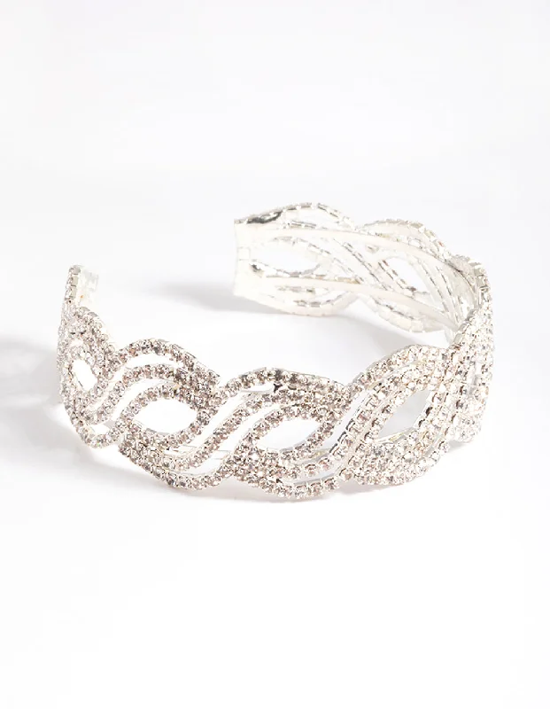 Dazzling Gemstone Bangles for Women-Silver Twist Petal Diamante Cuff Bracelet