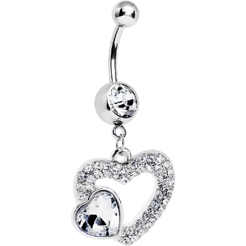 Trendy Belly Rings with Stylish Accents -Clear Gem Hollow Heart Dangle Belly Ring
