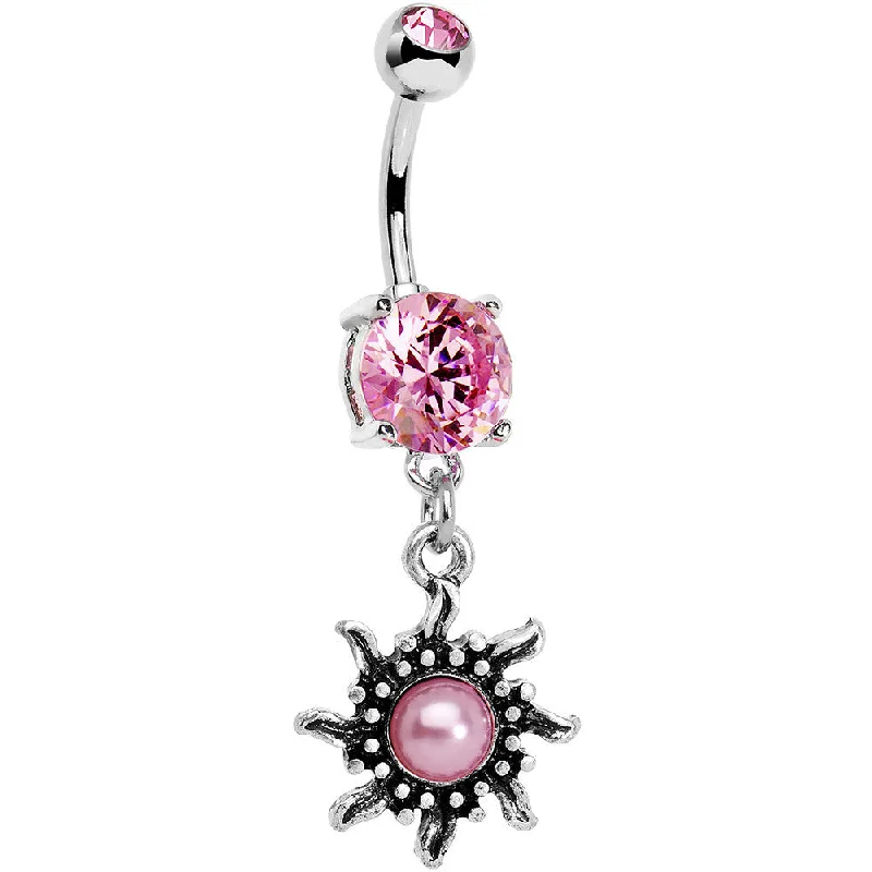 Designer Belly Rings for Unique Style -Pink Gem Frosted Pink Orb Spun Sun Dangle Belly Ring Designer Belly Rings for Unique Style -Pink Gem Frosted Pink Orb Spun Sun Dangle Belly Ring