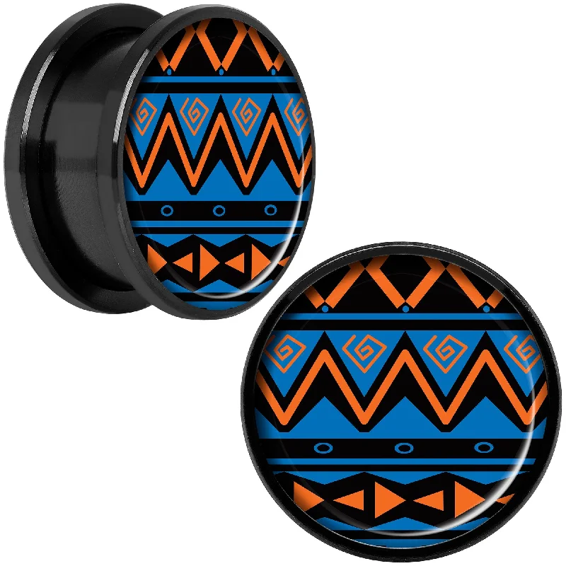 Women's Earrings – Elegant Designs for Every Personality--Blue Orange Tribal Print Black Anodized Screw Fit Plug Set 18mm