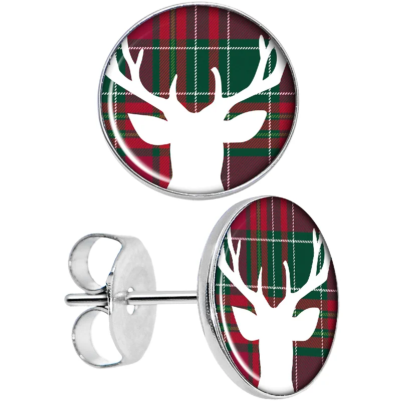 Women's Earrings – Elegant Designs for Every Personality--Red Green Plaid Reindeer Stud Earrings