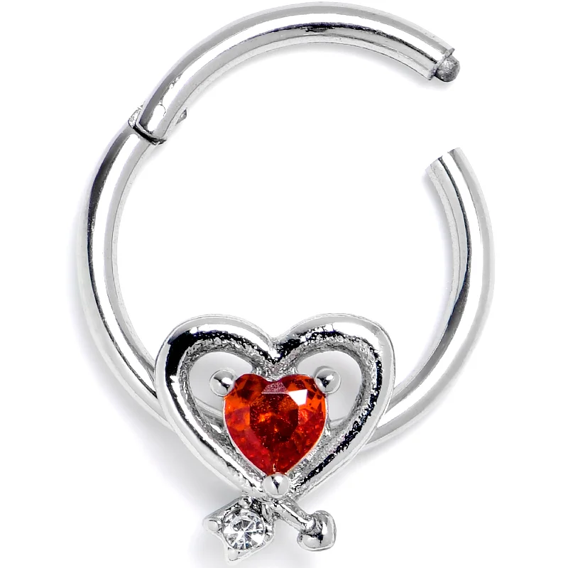 Eye-Catching Nose Rings for Bold Looks -16 Gauge 3/8 Red CZ Gem Wrapped In Heart Hinged Segment Ring Eye-Catching Nose Rings for Bold Looks -16 Gauge 3/8 Red CZ Gem Wrapped In Heart Hinged Segment Ring