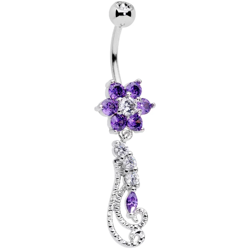 Comfortable Belly Rings for Fashion-Loving Women -Clear Purple CZ Gem Floral Flourish Dangle Belly Ring Comfortable Belly Rings for Fashion-Loving Women -Clear Purple CZ Gem Floral Flourish Dangle Belly Ring